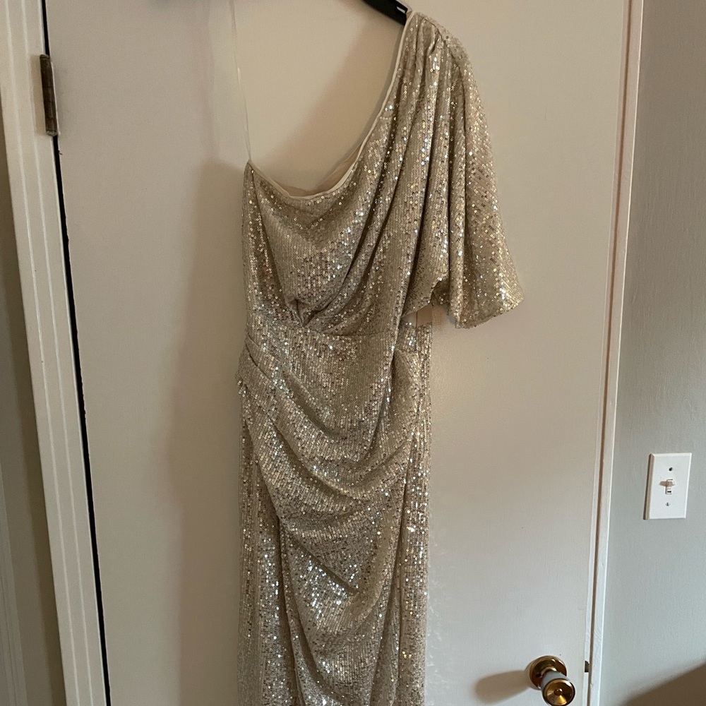 One shoulder gold sequin midi dress size medium brand do+be